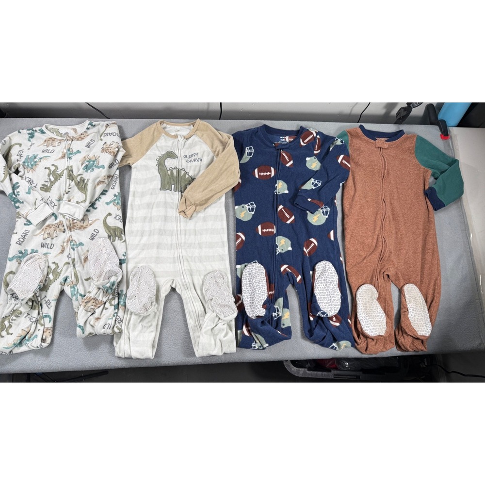 Lot of 4 Kids Headquarters Carters Footed Pajama Boys Sleeper Football Dinosaur